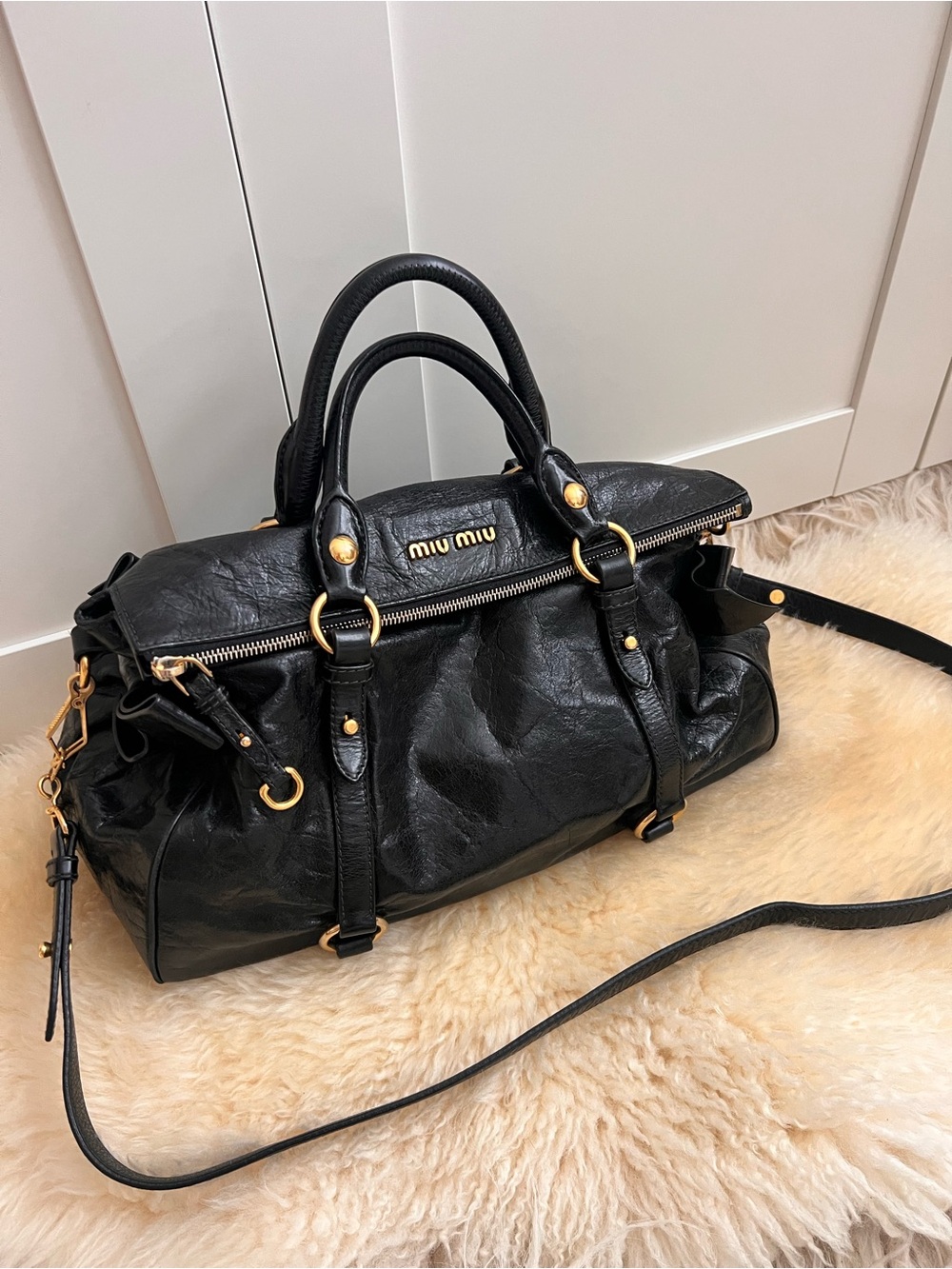 Miu Miu Vitello Lux Black Leather Side Ribbon Bow 2Way Shoulder Bag Archive Y2K - Picture 2 of 16